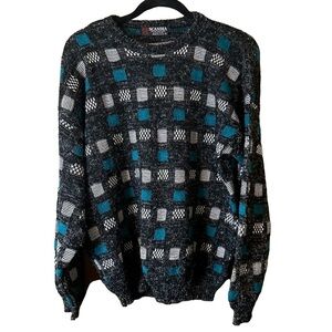 SCANDIA Men’s Vtg Crew Sweater Gray White Black Teal Checkered Made in USA Sz L